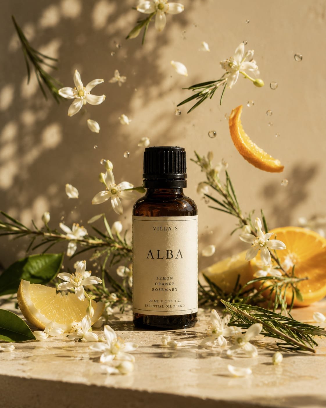 Alba blend — lemon, orange and rosemary in mid-air