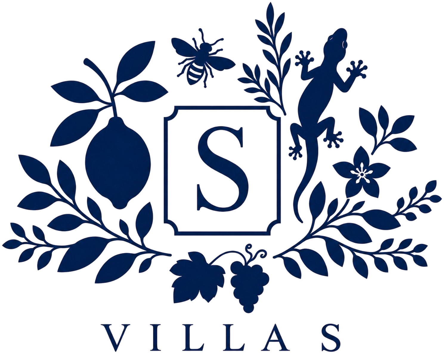 The Villa S Mediterranean crest — lemon, bee, gecko, fig and branches around the S tile