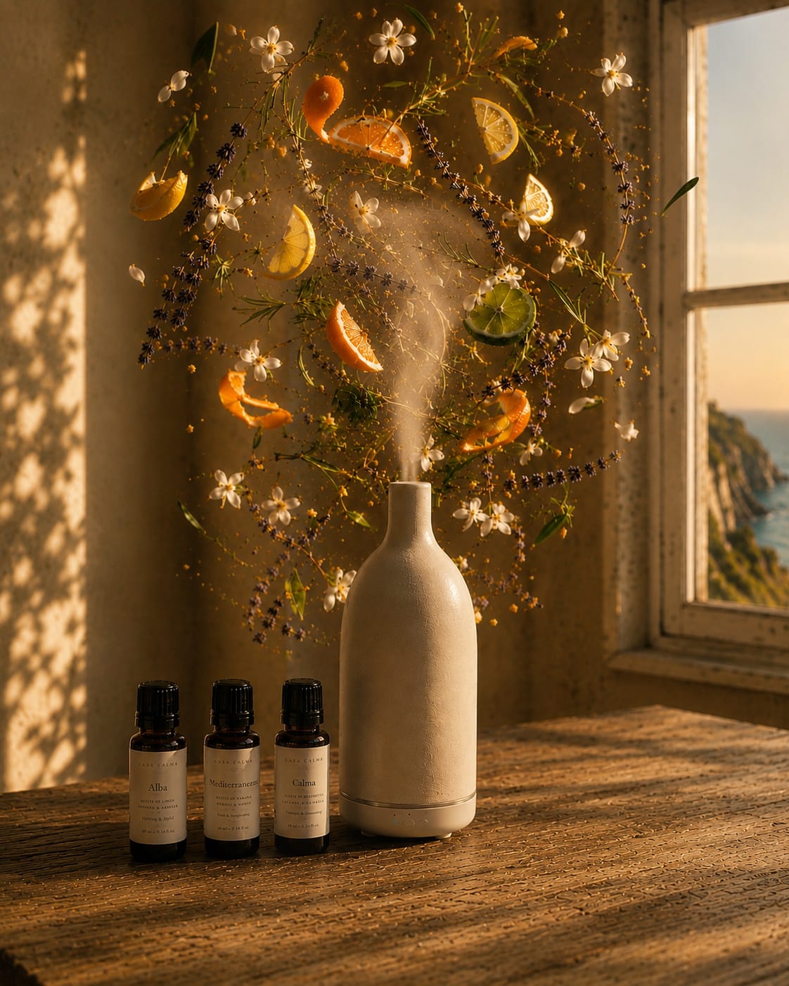 The Villa S ceramic diffuser, mist rising, Mediterranean botanicals in the air