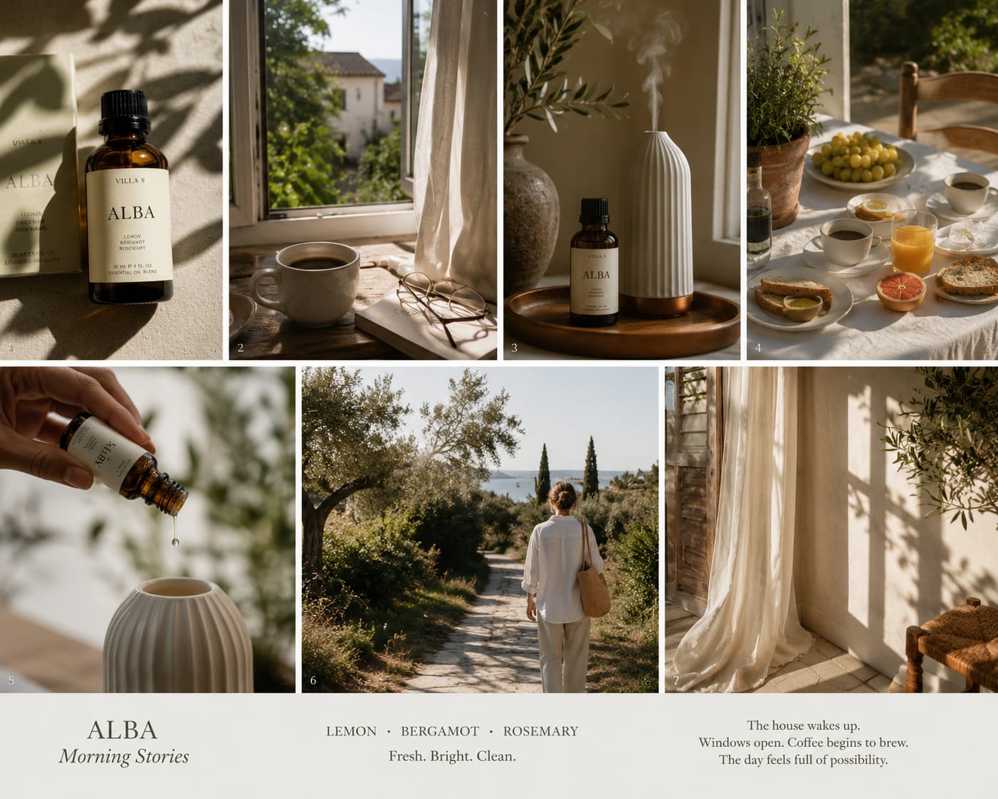 Alba — Morning Stories: open windows, coffee, the diffuser, a walk among olive trees