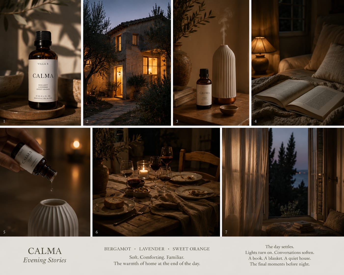 Calma — Evening Stories: a lit house at dusk, a long dinner, a book, a quiet window